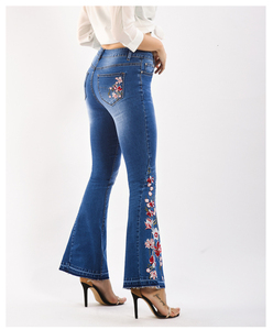 Pantalones Vaqueros de Mujer de Alta Calidad, Estilo Retro, Cintura Alta, Elásticos, Rotos, con Bordado Floral y Corte Acampanado - Product Image 3