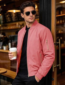 <b>Men</b>’s Essential Statement Bomber – Classic MA-1 Silhouette in <b>Soft</b> Pink with Premium Brass Hardware Softshell <b>Jacket</b> - Product Image 3