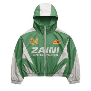 Veste coupe-vent à capuche en polyester Taslon premium 280 GSM, vert et blanc avec empiècements contrastés, impression de logo personnalisée, OEM ODM - Product Image 1