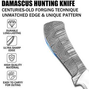 Couteau en acier Damas fait main sur mesure |   Couteau de chasse et de camping à lame fixe avec manche en turquoise et corne, étui en cuir gaufré - Product Image 2