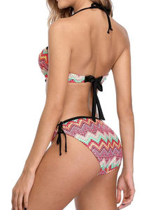 Conjunto de bikini con estampado geométrico para mujer, top tipo bandeau, parte inferior con lazo lateral, traje de baño elástico de poliéster y spandex - Product Image 2