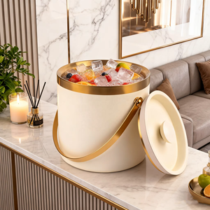Elegant Round Ice <b>Bucket</b> <b>With</b> <b>Lid</b> Metal Double Wall Party Beverage Cooler Gold Trim Beige Exterior - Product Image 6