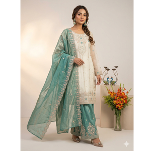 Ensemble palazzo ethnique en soie lourde pour femme avec dupatta fantaisie et broderies, idéal pour les fêtes de Sangeet, de Mehendi et de mariage - Product Image 1