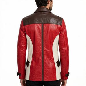 Chaqueta de Cuero Genuino para Hombre, Impermeable, con Bloques de Color, Doble Botonadura, Estilo Motero, Rojo Beige, con Logotipo Frontal - Product Image 2