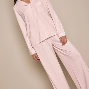 Women's Black Long Sleeve Pajama Set Knitted Satin Button Front Classic Sleepwear Full Length Loose Fit Two Piece Autumn Wear - Product Image 3