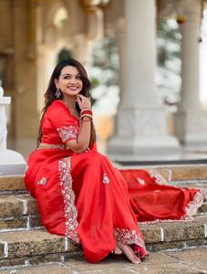 Indian Boutique <b>Red</b> Premium Exclusive Soft Tissue Embossed Saree Traditional Indian Bridal Wear Wedding Prom Party Wear Women - Product Image 4
