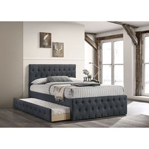 Letto singolo contemporaneo con letto estraibile, doghe in tela color antracite, testiera e pediera imbottite con bottoni, mobili per camera da letto per ragazzi - Product Image 1