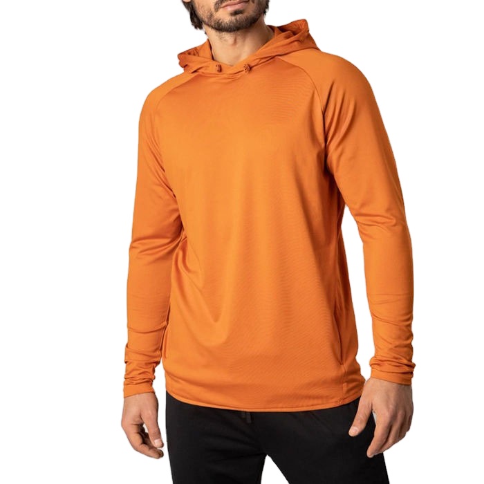 Custom Fitness Hoodie for Men 92% Polyester 8% Spandex Orange with Adjustable Hood Embroidered Cloth Recycled Fabric Sweatshirts