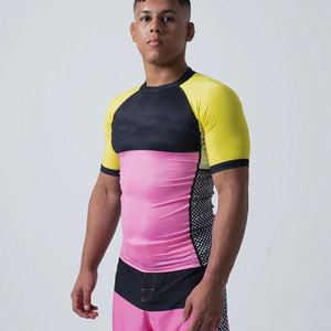 Men's Short Sleeve Rash Guard <b>Black</b> White Stripe Quick Dry <b>Compression</b> <b>Shirt</b> MMA BJJ Grappling Base Layer Sport Top - Product Image 1