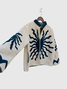 Veste géométrique brodée à la main, col mandarin, manches longues, coton, style boxy pour femme, printemps - Product Image 3
