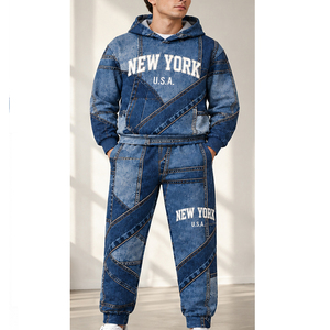 Conjunto Deportivo de Dos Piezas para Hombre, Estilo Denim, con Capucha, Informal, para Invierno, Azul, Estilo Urbano - Product Image 1