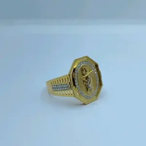 แหวนทองคำชุบ 22K ดีไซน์หรูหราสำหรับผู้ชาย ประดับลวดลายขลุ่ยนูนบนหน้าปัดทรงแปดเหลี่ยมประดับเพชรซิร์คอน - Product Image 1