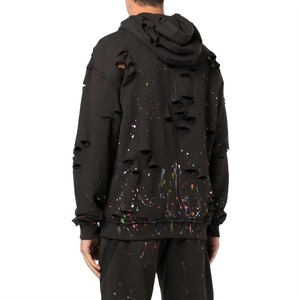 Men's <b>Black</b> Hooded Pullover Sweatshirt Colorful <b>Spray</b> Paint Splatter And Distressed Ripped Design Autumn Style 100% Cotton - Product Image 2