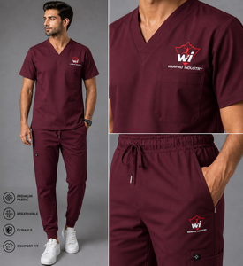 WAPRO INDUSTRY Men's <b>Maroon</b> V-Neck Scrub Set Cotton Polyester Woven Hospital Uniforms - Product Image 4