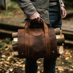 Sac de transport robuste pour bûches avec poignées en cuir, échantillon gratuit, cuir ciré de luxe pour poêles à bois et cheminées - Product Image 5