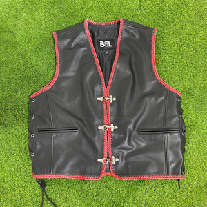 Chaleco de Cuero para Motociclista, Tendencia de Verano para Hombre |   Chaleco de Motocicleta Ecológico y Transpirable de Piel de Oveja Nappa con Cordones Laterales Rojos - Product Image 5