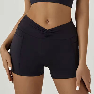Shorts de sport taille haute couleur unie avec poches, taille élastique, en toile de coton mélangé, séchage rapide, coupe ample, décontracté, pour femme, tenue de fitness - Product Image 4