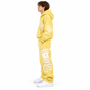 Men’s <b>Yellow</b> Garment Dyed Graphic Zip Up <b>Hoodie</b> Wide Leg Jogger Set Premium Streetwear Tracksuit - Product Image 4