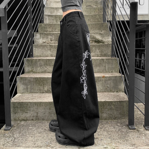 High Waist <b>Wide</b> <b>Leg</b> Black Denim Pants With White Rose Embroidery Floral Pattern Loose Fit Casual Style Autumn Wear <b>Jeans</b> - Product Image 3