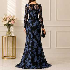 Robe de soirée empire en dentelle florale pour femme, élégante, col rond, manches classiques, broderie premium, longueur ras du sol, en crêpe, pour mariage - Product Image 2