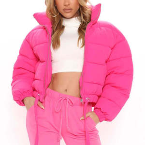 Pink Puffer <b>Jacket</b> Stand Collar Zipper Closure Quilted Windproof Thick Winter Coat Casual Loose Fit Solid Color - Product Image 1