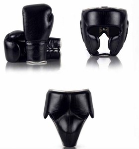 Ensemble de boxe en cuir bleu marine Yamu : gants à lacets, protège-tête, protège-glandes - Product Image 3