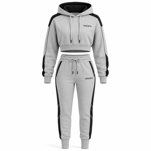 Winter Solid Crop <b>Top</b> Women 2 Piece Hoodies Jogger Set 100% Cotton Thick 360gsm Rhinestone Embroidery Fleece Streetwear Boxy - Product Image 6