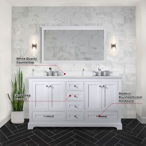 Mobile bagno doppio bianco da 60 pollici L X 22 Pollici Set Rubinetto Bianco con Top in Quarzo per Mobili Bagno - Product Image 6