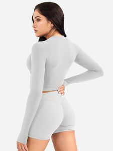 Womens Gym Clothes <b>Long</b> Sleeve Top With Scrunch Butt Shorts Yoga Sets 2 Piece Summer Casual Solid Crew Neck <b>Matching</b> T-shirt Set - Product Image 3