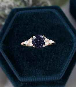 Set Of 2PCS Natural Blue Sandstone Engagement Ring 925 Sterling Silver 14K <b>Gold</b> Plated Round Star Stone Ring - Product Image 6