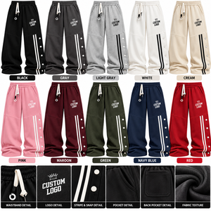 Pantalon de survêtement Hip Hop surdimensionné en molleton noir épais, coupe large, avec double bandes blanches et panneaux latéraux à boutons-pression - Product Image 5