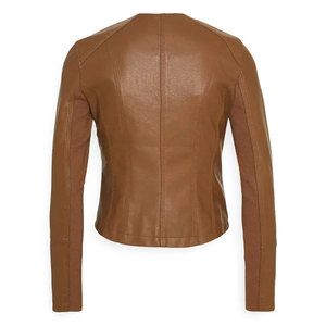 Brown Genuine <b>Leather</b> Moto Biker Jacket <b>Women</b> O-Neck Full Sleeve Zipper Closure Autumn Style Biker Jacket <b>Women</b> - Product Image 2