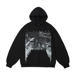Sudadera con Capucha Negra para Hombre, Talla Grande, Algodón French Terry, Estampado, Bolsillo, Estilo Casual Otoñal, Diseño con Logotipo Frontal - Product Image 4