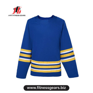 Maillot de hockey sur glace personnalisé, rayé bleu, jaune et blanc, manches longues, col rond, unisexe, adulte, polyester anti-humidité - Product Image 1