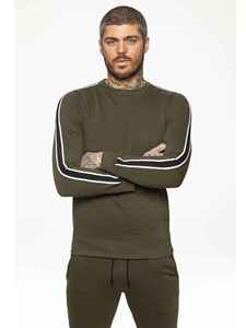 Suéter de Punto para Hombre, Cuello Redondo, Color Verde Oliva, Corte Ajustado, Estilo Casual para Otoño, con Mangas con Rayas Blancas - Product Image 2