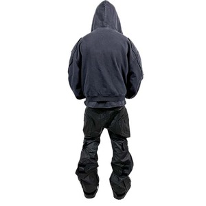 Men's Oversized Cropped Denim <b>Hoodie</b> With Left Sleeve Logo <b>Zip</b> Front <b>Pocket</b> Casual Washed Style - Product Image 6