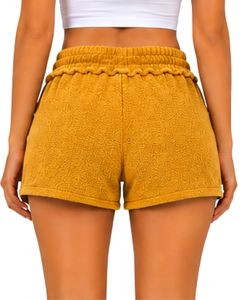 Shorts décontractés pour femmes en coton éponge jaune doré, avec cordon de serrage, taille élastique, poches, confortables pour l'été et la plage - Product Image 2
