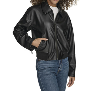 Chaqueta bomber de cuero PU negra para mujer, estilo vintage, imitación cuero, con cuello extendido, cierre de cremallera, estilo motociclista, informal. - Product Image 1