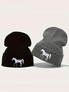 Gorro unisex bordado con diseño de caballo, 56-58 cm, gorro de punto informal para invierno, negro, blanco, gris, gorro para adultos, gorros para hombre - Product Image 3