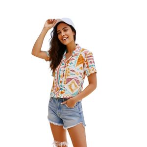 Blusa estampada con botones para mujer, camisa de verano de manga corta, ropa informal para vacaciones - Product Image 2
