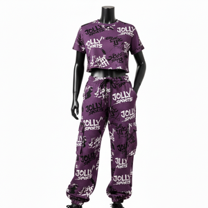 Conjunto de Top Corto y Pantalones Cargo para Mujer, Premium, de Algodón y Poliéster, 180 GSM, Color Morado, con Logotipo Personalizado Impreso - Product Image 1
