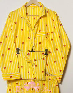 Premium Women Yellow White Vertical Striped Breathable Eco-Friendly Cotton Pajama Set Full Sleeve Button-<b>Down</b> Shirt Elastic - Product Image 1