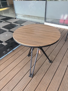 Contemporary <b>Round</b> Outdoor <b>Table</b> With Wood Top And Black Metal Frame Durable Design For <b>Patio</b> Use - Product Image 2