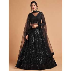 Lehenga choli เสื้อผ้าตาข่ายปักเลื่อมสีดำสุดพิเศษสำหรับปาร์ตี้ - Product Image 5