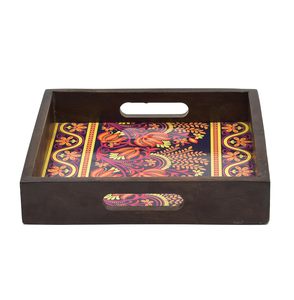 Printed Wooden Serving Tray Handmade Mango Wood Platter with Handles <b>Square</b> Tea Breakfast Serving Plate for <b>Kitchen</b> Dining <b>Table</b> - Product Image 2