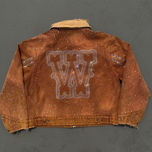 Vintage Washed Canvas Denim <b>Jacket</b> <b>Rhinestone</b> Embellished Distressed Zip Up Oversized Streetwear Coat for Men - Product Image 4