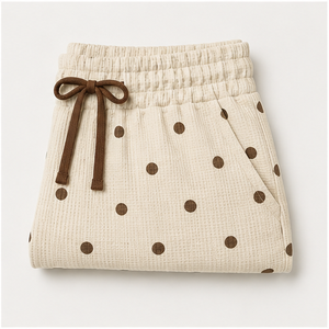 Pantalones Cortos de Salón para Mujer, Personalizados, Color Marfil con Puntos, Corte Holgado Estilo Boxer, con Cordón Ajustable, de Algodón con Tejido Waffle - Product Image 6