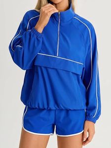 Ensemble sportif vintage 2 pièces pour femme, haut à manches courtes avec fermeture éclair et short, en tissu Oxford respirant et imperméable, vêtements de sport printemps - Product Image 4