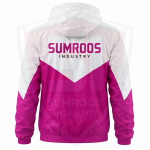 Veste coupe-vent légère imperméable avec logo personnalisé, vente en gros, veste de sport à capuche pour homme, couleur rose et blanc - Product Image 2