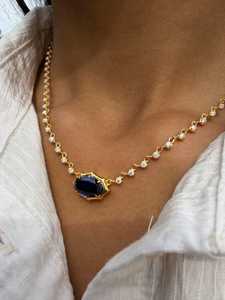 14K 18K Solid Gold Oval Blue Gemstone <b>Statement</b> <b>Necklace</b> Single Line Tennis Choker <b>Necklaces</b> Big Center Stone Custom Wholesale - Product Image 2